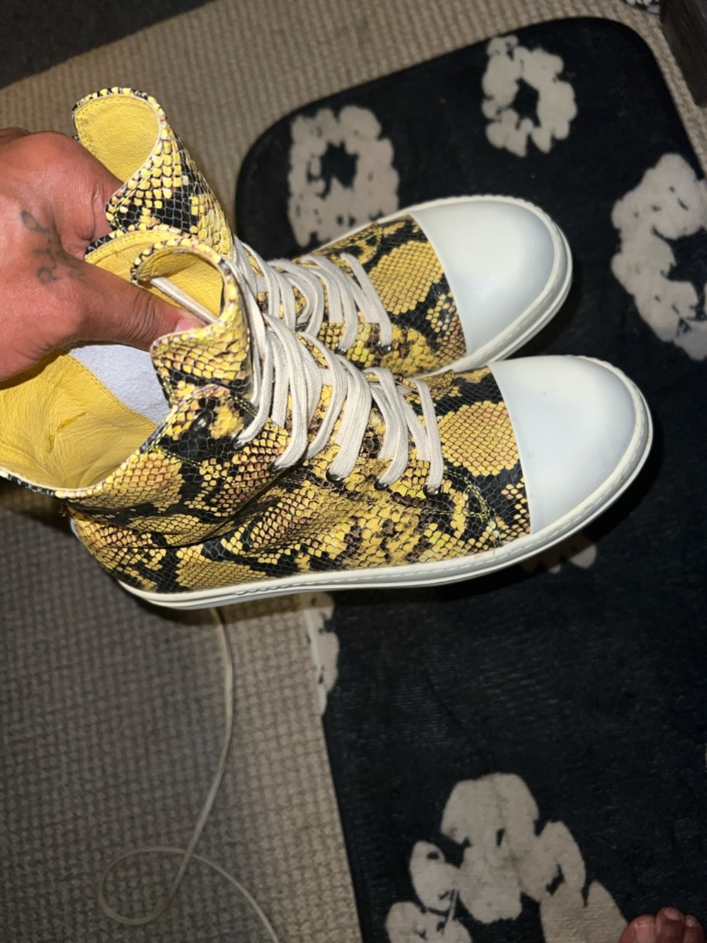 Yellow Snake Print High-Top Rick Owen’s Sneakers